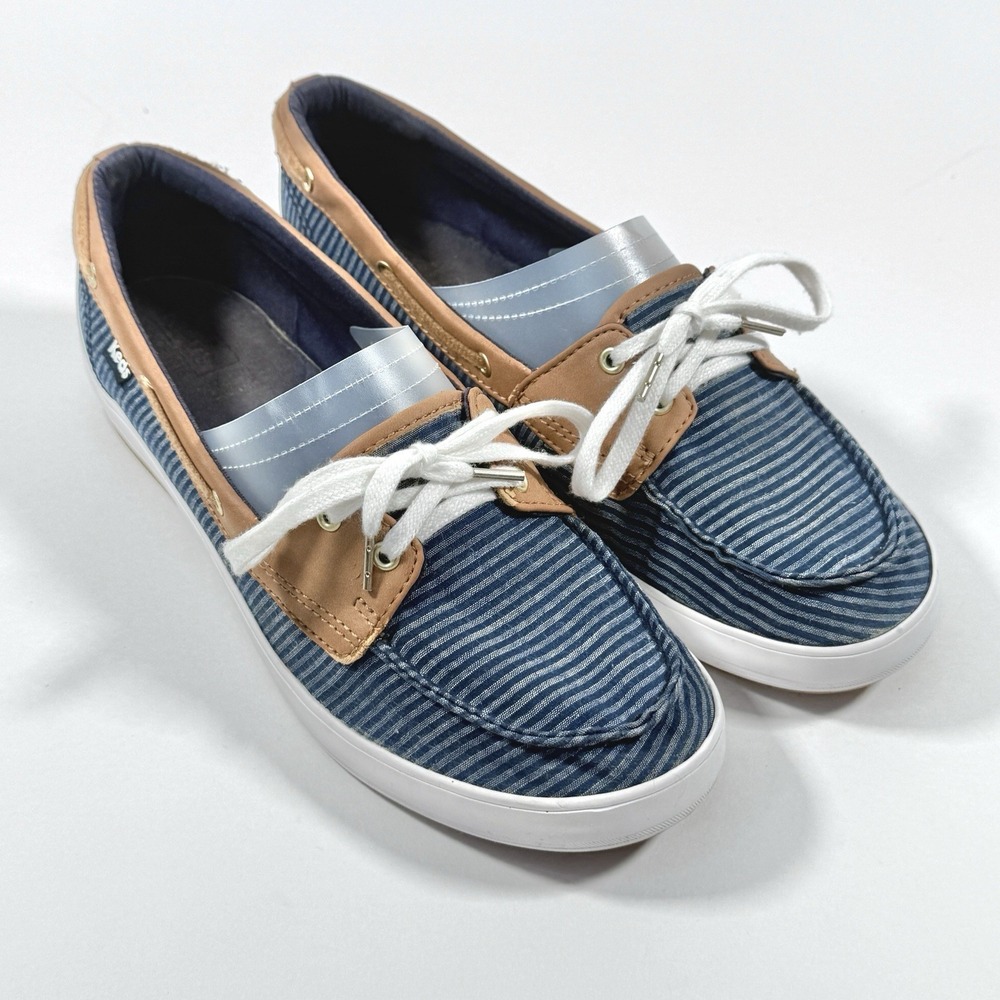Keds Boat Shoes Womens 9 Blue Striped Canvas Leather Lace Casual Flats